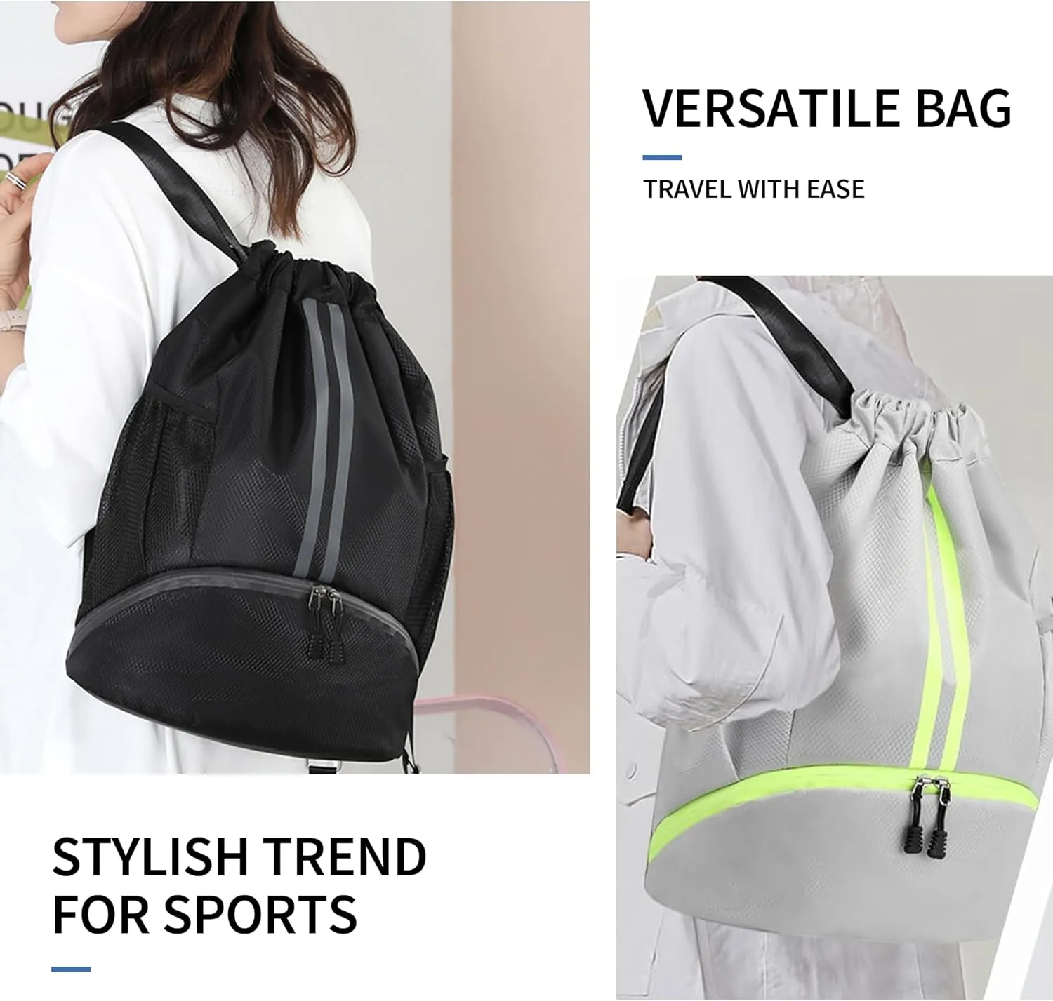 Drawstring Backpack Gym Bag with Shoes Compartment for Soccer, Basketball, Swim, Water-Resistant String Backpack Beach Cinch for Women Men, Grey