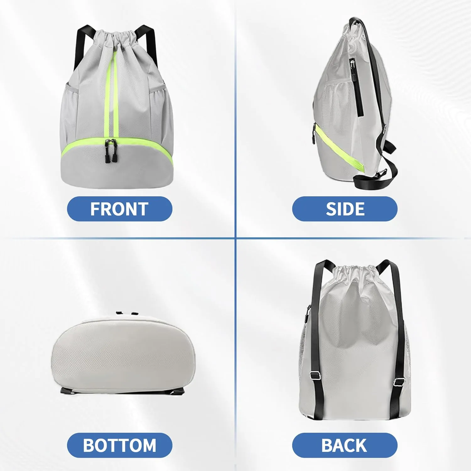 Drawstring Backpack Gym Bag with Shoes Compartment for Soccer, Basketball, Swim, Water-Resistant String Backpack Beach Cinch for Women Men, Grey