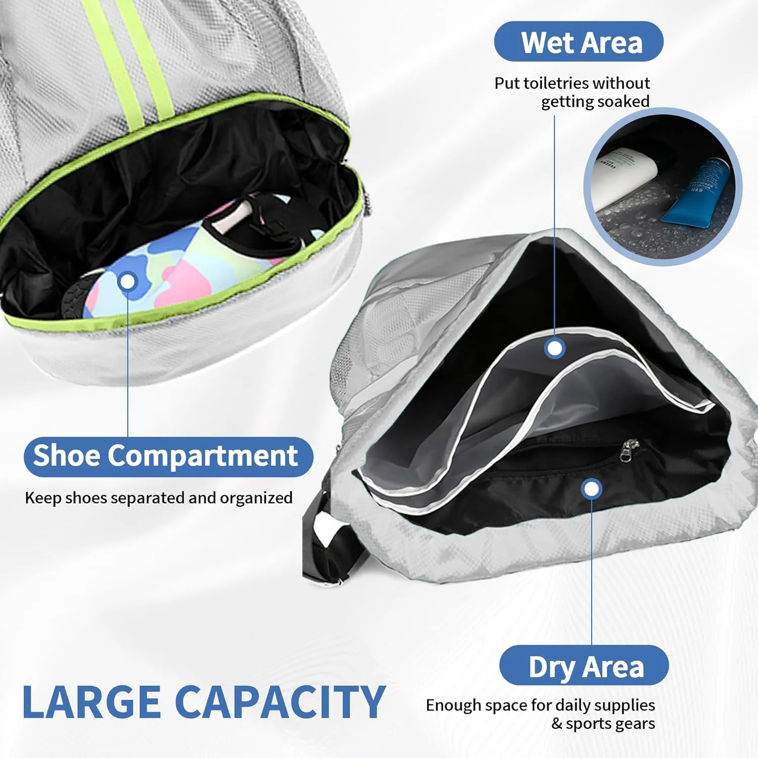 Drawstring Backpack Gym Bag with Shoes Compartment for Soccer, Basketball, Swim, Water-Resistant String Backpack Beach Cinch for Women Men, Grey