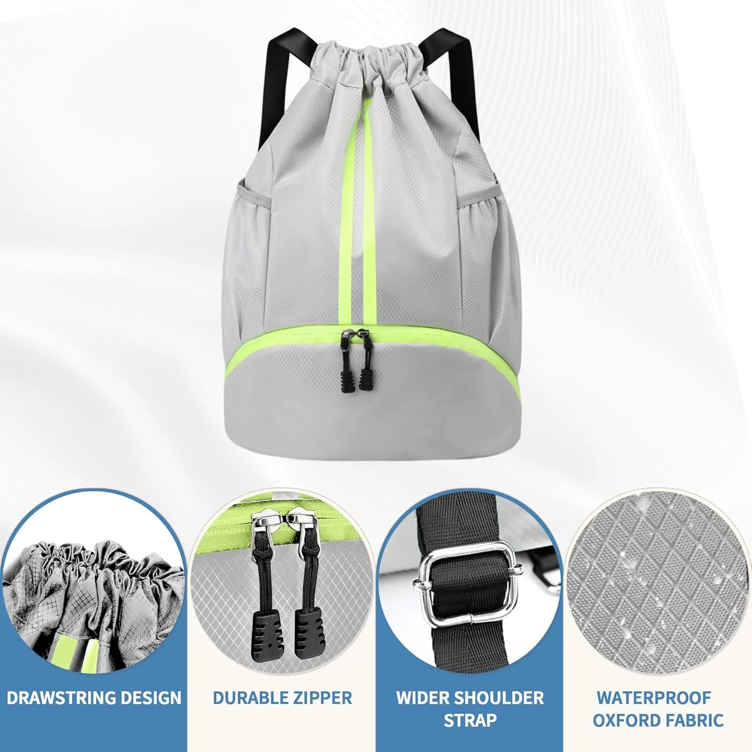 Drawstring Backpack Gym Bag with Shoes Compartment for Soccer, Basketball, Swim, Water-Resistant String Backpack Beach Cinch for Women Men, Grey