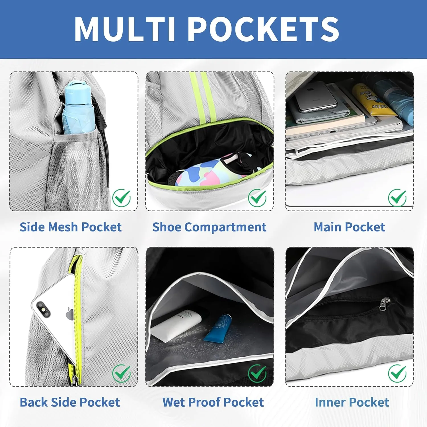 Drawstring Backpack Gym Bag with Shoes Compartment for Soccer, Basketball, Swim, Water-Resistant String Backpack Beach Cinch for Women Men, Grey