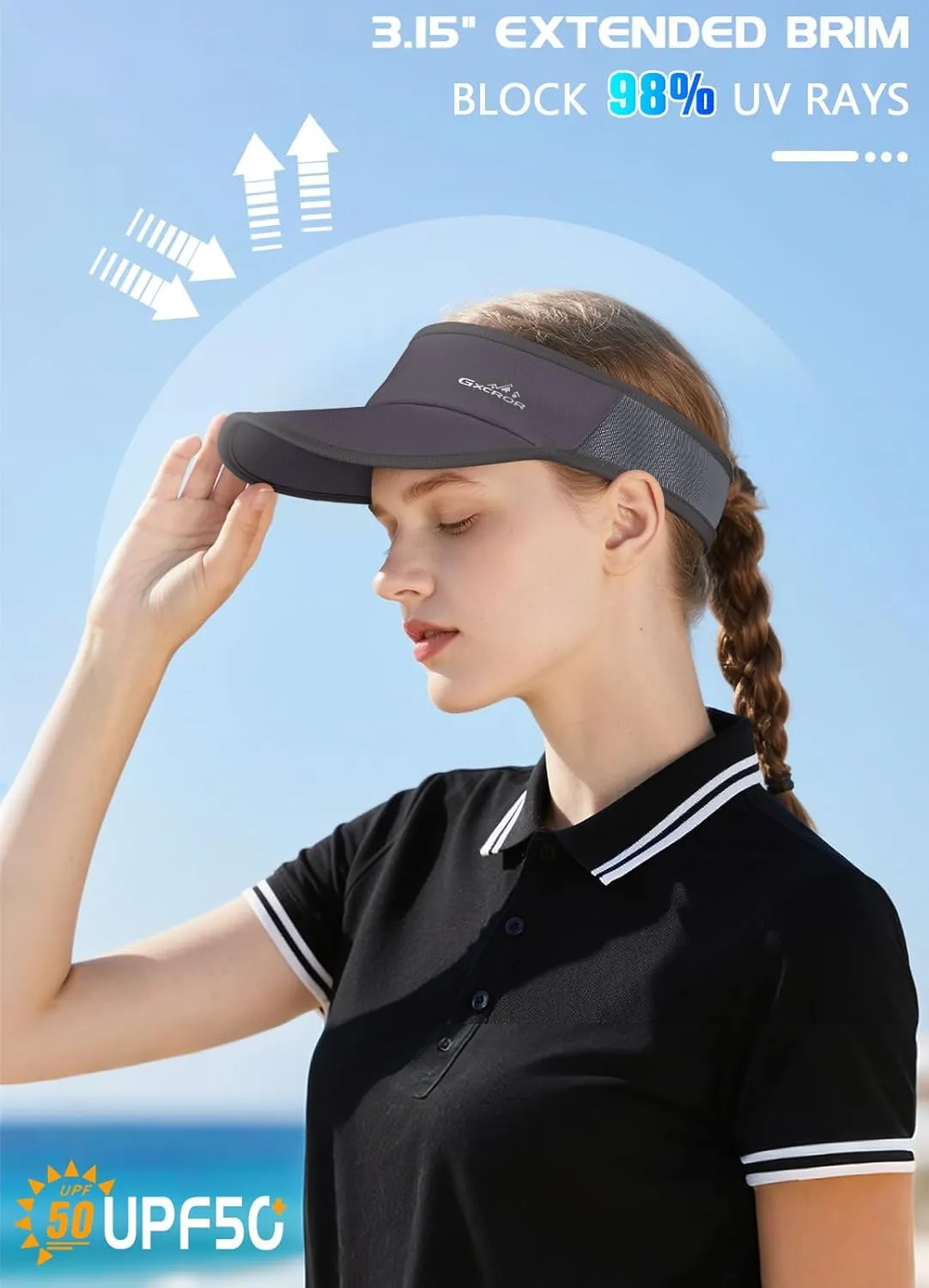 GXCROR Sports Sun Visor Hat Men Women, Lightweight Breathable Quick-Dry Visor Hat, UPF 50  Tennis Golf Running Visor