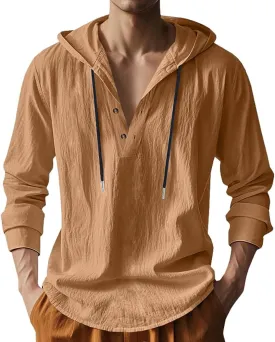 Mens Cotton Linen Hoodies Long Sleeve Button Down Shirts Casual Hawaiian Beach Yoga Sweatshirts