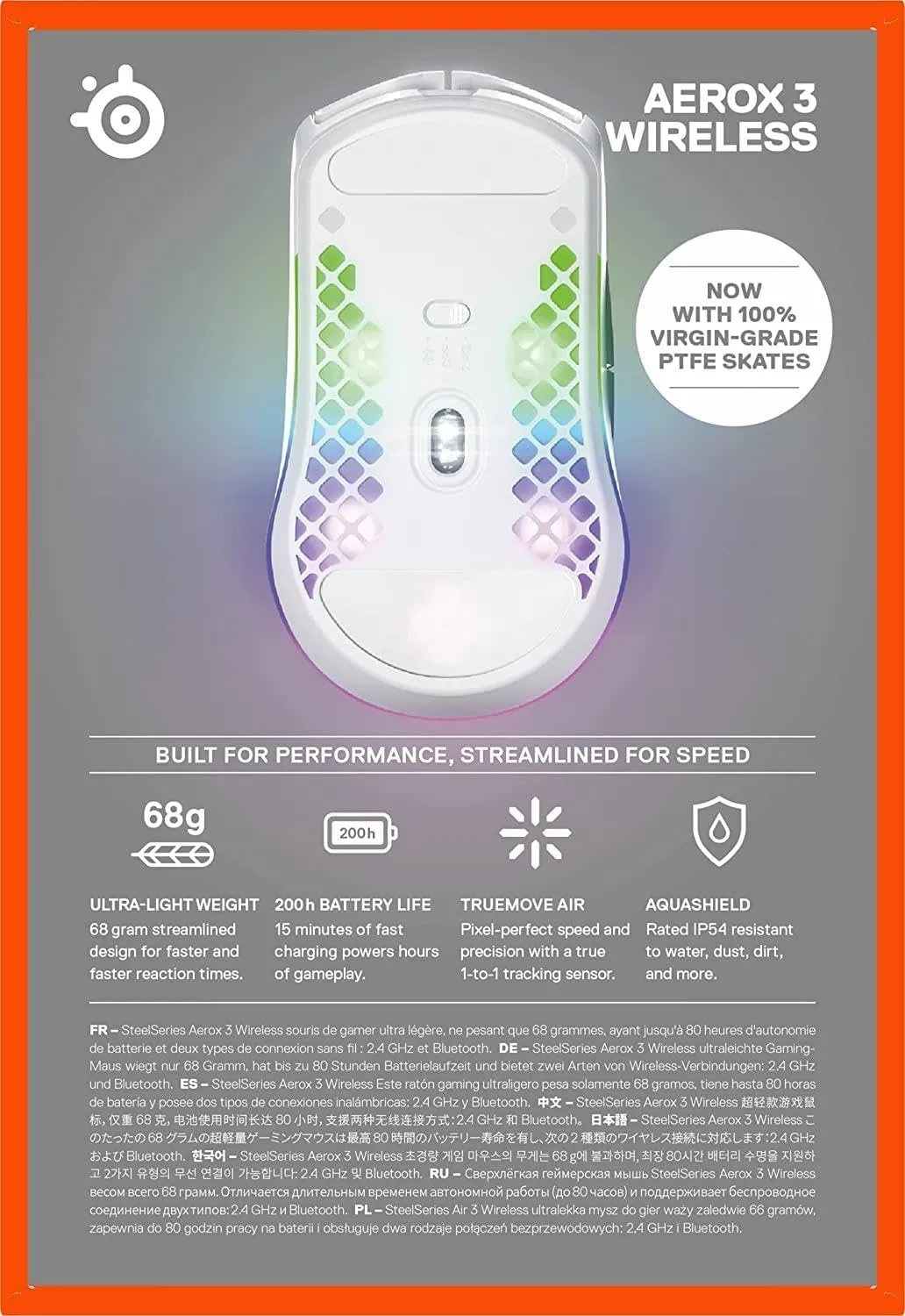 SteelSeries Aerox 3 Wireless - Holey RGB Gaming Mouse - Ultra-lightweight Water Resistant Design - 18K DPI TrueMove Air Optical Sensor -Snow
