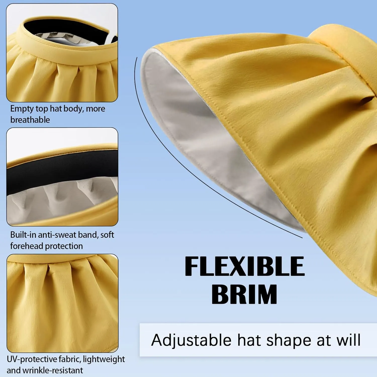 Womens Visors,Clip On Foldable Wide Brim Womens Golf Visor,Roll-up Headband Sun Hat with UV Protection